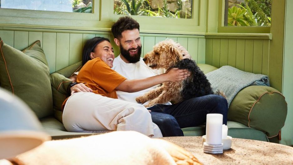 Laughing young couple petting their dog while sitting together on a sofa in their living room at home